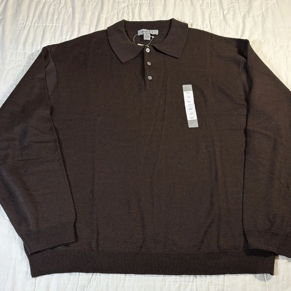 Linea Uomo‎ Men's 3XLT Chocolate Brown Wool Blend Long Sleeve Polo Sweater NWT